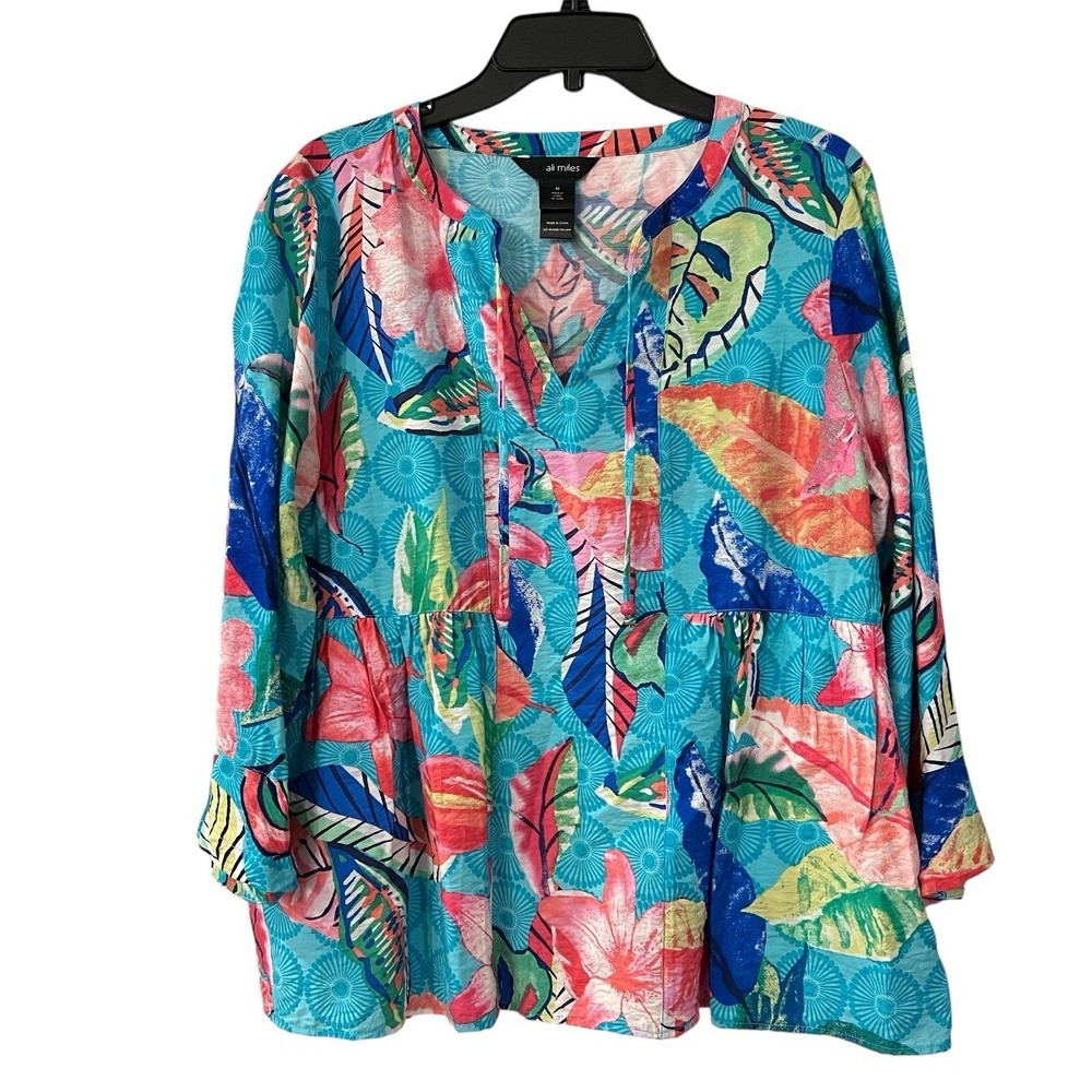 Ali Miles Popover Top Women's Medium Multicolor 3/4 Sleeve Pockets Artsy Boho